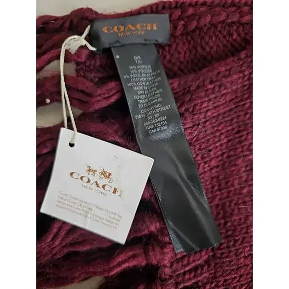 Coach Star Intarsia Long Fringe Scarf Wool Blend Bright Berry Orchid F86021 NWT. - Picture 10 of 14